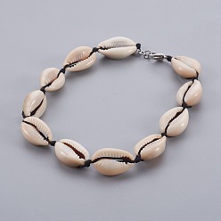 Shell Cowrie Shell Beads Anklets, with Nylon Thread Cord and 304 Stainless Steel Lobster Claw Clasps, 280mm