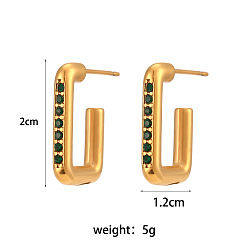 Rectangular earrings with zirconia inlaid on the side - green diamond. Minimalist Luxury Rectangular Earrings with Zirconia Inlay and 18K Gold Plating for Women