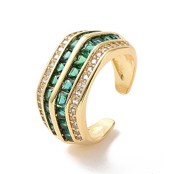 Green Cubic Zirconia Multi Lines Open Cuff Ring, Real 18K Gold Plated Brass Thick Ring for Women, Cadmium Free & Nickel Free & Lead Free, Green, US Size 6 3/4(17.1mm)