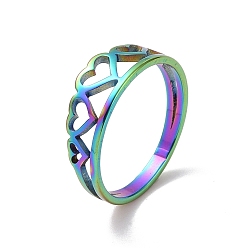 Rainbow Color Ion Plating(IP) 201 Stainless Steel Hollow Heart Finger Ring for Valentine's Day, Rainbow Color, US Size 6 1/2(16.9mm)