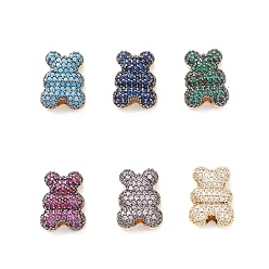 Mixed Color Brass Micro Pave Cubic Zirconia Beads, Real 18K Gold Plated, Bear, Mixed Color, 16x12x6mm, Hole: 2.5mm