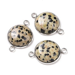 Dalmatian Jasper Natural Dalmatian Jasper Connector Charms, Half Round Links, with Stainless Steel Color Tone 304 Stainless Steel Findings, 18x25.5x7mm, Hole: 2mm