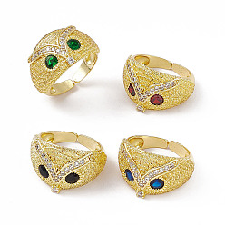 Mixed Color Cubic Zirconia Owl Open Cuff Rings, Golden Brass Jewelry for Women, Mixed Color, US Size 6 1/2(16.9mm)