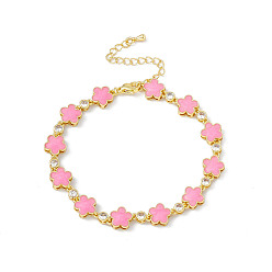 Golden Brass Micro Pave Cubic Zirconia Chain Bracelets, Enamel Style Pink Flower Link Chain Bracelet for Women, with Chain Extender & Lobster Claw Clasp, Golden, 7-3/4 inch(19.6cm)
