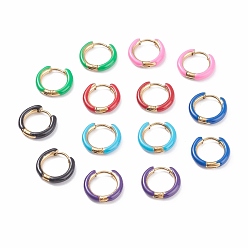 Mixed Color Two Tone 304 Stainless Steel Chunky Huggie Hoop Earrings with Enamel for Women, Golden, Mixed Color, 10 Gauge, 15~16x2.5mm, Pin: 1mm