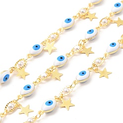 Deep Sky Blue Enamel Horse Eye Link Chains, with Glass Pearl Beaded & Brass Star Charms, Real 18K Gold Plated. Soldered, Long-Lasting Plated, with Spools, Deep Sky Blue, 5x13x4mm, 7.5x4x3mm
