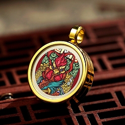 Rooster Titanium Steel Locket Pendants, Flat Round with Chinese Zodiac, Golden, Rooster, 20mm, Inner Diameter: 15mm