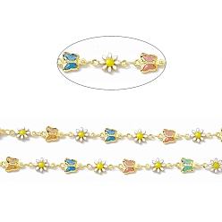 Colorful Handmade Glass Butterfly & Enamel Daisy Flower Link Chains, with Real 18K Gold Plated Brass Findings, Soldered, with Spool, Colorful, Butterfly: 7x11x2mm, Flower: 7.5x12.5x2mm