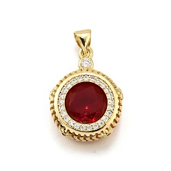 Красный Латунные микро проложить кубического циркония подвески, плоско-круглые, стойки покрытие, долговечный, без свинца и без кадмия, реальный 18 k позолоченный, красные, 21.5x16x6 мм, отверстие : 5x3 мм