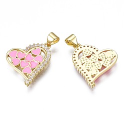 Pearl Pink Brass Micro Pave Clear Cubic Zirconia Pendants, with Enamel and Brass Snap on Bails, Nickel Free, Real 18K Gold Plated, Heart, Pearl Pink, 20x18.5x2mm, Hole: 3.5x5mm