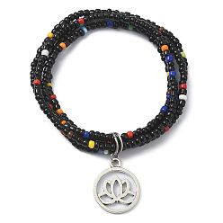 Black Glass Seed Beaded Multi Loops Warp Bracelets, with Tibetan Style Alloy Charms, Black, Inner Diameter: 2 inch(5.2cm)
