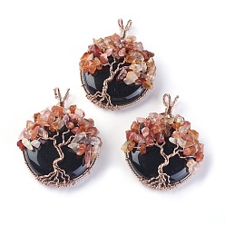 Obsidian Natural Obsidian & Carnelian Big Pendants, with Rose Gold Tone Brass Findings, Flat Round with Tree of Life, 58~61.5x44~48x14~16.5mm, Hole: 4~5x3.5~6mm