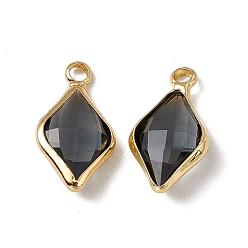 Black Diamond K9 Glass Pendants, Rhombus Charms, Faceted, with Light Gold Tone Brass Edge, Black Diamond, 18.5x10x5mm, Hole: 2.2mm
