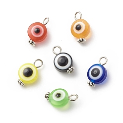 Antique Silver Evil Eye Resin Pendants, with Alloy Daisy Spacer Beads, Flat Round Charm, Mixed Color, Antique Silver, 16.5~17x10x6mm, Hole: 2.5~3mm