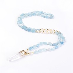 Aquamarine Natural Aquamarine and Natural Quartz Crystal Pendant Necklaces, with Pearl and Brass Findings, Bullet, 31.5 inch~32.3 inch(80~82cm), Pendant: 45~55x15x10mm