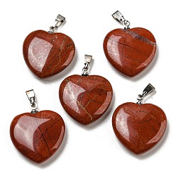 Jaspe Rouge Pendentifs naturels de jaspe rouge, cœur, avec les accessoires en laiton, platine, 22~23x20~20.5x6~7.5mm, Trou: 5x8mm