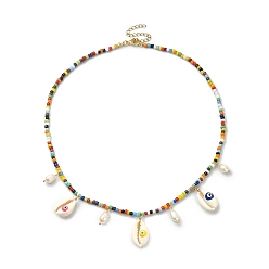 Colorful Natural Shell Evil Eye & Pearl Bib Necklace with Glass Seed Beaded Chains, Colorful, 17.76 inch(45.1cm)
