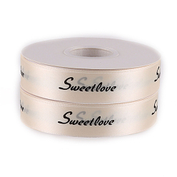 Blanched Almond Printed Polyester Ribbons, Garment Accessory, Word Sweetlove, Blanched Almond, 1 inch(25mm), about 40 yards/roll