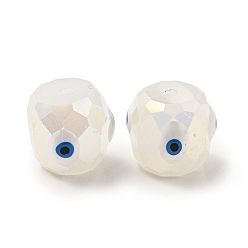 White Opaque Glass Beads, with Enamel, Faceted, Drum with Evil Eye Pattern, White, 10.5x10.5mm, Hole: 1.6mm