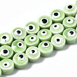 Light Green Handmade Porcelain Ceramic Beads Strands, Bright Glazed Porcelain, Flat Round with Evil Eye, Light Green, 8x5mm, Hole: 1.5mm, about 40pcs/strand, 12.01 inch(30.5cm)