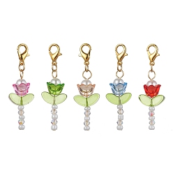 Mixed Color Flower Transparent Acrylic & Glass Pendant Decooration, Zinc Alloy Lobster Claw Clasps Charm, Mixed Color, 44.5mm