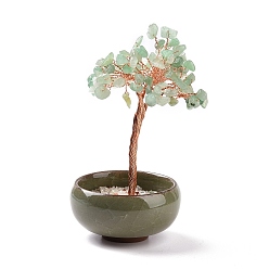 Green Aventurine Natural Green Aventurine Chips Tree Display Decorations, with Random Color Porcelain Bowls, Copper Wire Wrapped Feng Shui Ornament for Fortune, 66x100~110mm