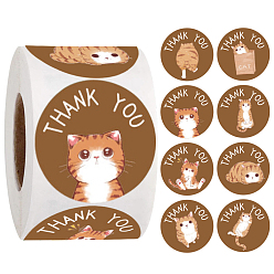 Cat Shape Thank You Stickers Roll, Adhesive Paper Tape, Round Stickers, for Card-Making, Scrapbooking, Diary, Planner, Envelope & Notebooks, Cat Pattern, 1 inch(25mm), 500pcs/roll