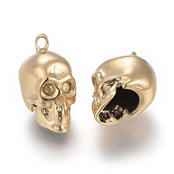 Golden Ion Plating(IP) 304 Stainless Steel Pendant Rhinestone Settings, Skull Head, Golden, 14x7.5x9mm, Hole: 1.4mm, Fit For 1.5mm Rhinestone