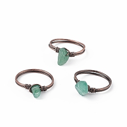 Green Aventurine Natural Green Aventurine Chips Finger Ring, Red Copper Brass Wire Wrap Jewelry for Women, Inner Diameter: 18mm