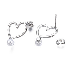 Real Platinum Plated Brass Open Heart Stud Earrings with ABS Plastic Pearl for Women, Nickel Free, Real Platinum Plated, 18x13.5mm, Pin: 0.8mm