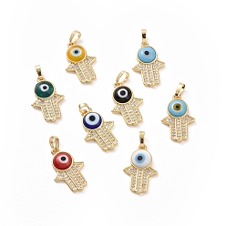 Mixed Color Brass Micro Pave Cubic Zirconia Pendants, with Handmade Evil Eye Lampwork, Hamsa Hand Charm, Real 18K Gold Plated, Mixed Color, 23x15x4mm, Hole: 4x6.5mm