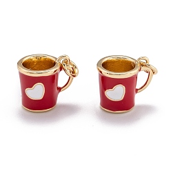 Red Brass Enamel Charms, with Jump Ring, Golden, Mug with Heart, Red, 12.5x13.5x10mm, Hole: 3mm