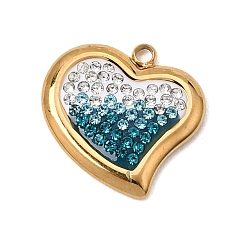 Zircon Bleu Pendentifs en acier inoxydable et pâte polymère sertis de strass, couleur dégradée, charmes de coeur, placage ionique (ip), plaqué longue durée, réel 304 k plaqué or, zircon bleu, 18mm, Trou: 15.5x15.5x2mm