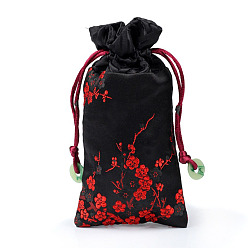 Black Chinese Style Silk Drawstring Jewelry Gift Bags, Jewelry Storage Pouches for Cell Phone, Rectangle with Plum Bossom Flower Pattern, Black, 15x9cm