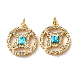 Dark Turquoise Copper Cash Brass Micro Pave Cubic Zirconia with Synthetic Opal Pendants, with Jump Ring, Real 18K Gold Plated, Dark Turquoise, 21.5x18.5x3mm
