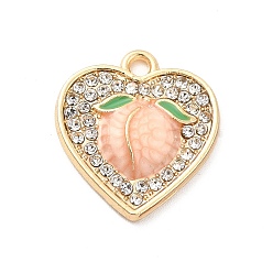 Golden Alloy Enamel Pendants, with Rhinestone, Heart with Peach Charm, Golden, 17.5x16x3.3mm, Hole: 1.8mm