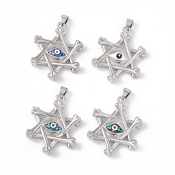 Mixed Color Natural Shell Pendants, Pentagram Charms with Eye, Dyed, with Rack Plating Platinum Tone Brass Findings, Long-Lasting Plated, Mixed Color, 35x28x5mm, Hole: 6X4.5mm