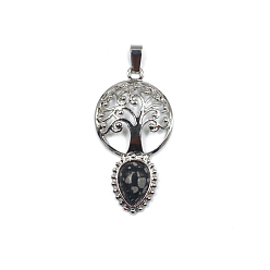 Snowflake Obsidian Natural Snowflake Obsidian Teardrop Pendants, Tree of Life Charms with Platinum Plated Metal Findings, 49x26mm