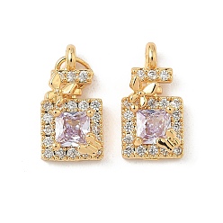 лаванда Латунные микро проложить кубического циркония подвески, квадратных амулеты, реальный 18 k позолоченный, лаванда, 13.5x7x4.5 мм, отверстие : 1.4 мм