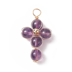 Amethyst Natural Amethyst Copper Wire Wrapped Pendants, Religion Cross Charms, with Brass Beads, Light Gold, 29.5~30x16.5~17x6.5~7mm, Hole: 3.5~4mm