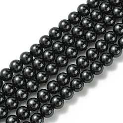 Black Eco-Friendly Glass Pearl Beads Strands, Grade A, Round, Dyed, Cotton Cord Threaded, Black, 10mm, Hole: 1.2~1.5mm, about 42pcs/strand, 15.7 inch