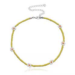 Yellow Bohemian Glass Flower Bead Necklace Handmade Vintage Collar Choker Chain