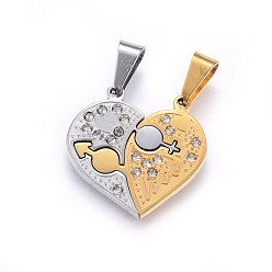 Golden & Stainless Steel Color 304 Stainless Steel Split Pendants, with Rhinestone, Heart with Word Love, For Valentine's Day, Golden & Stainless Steel Color, 24.5x25.5x2.5mm, Hole: 9x5mm, One Side: 25.5x20x2.5mm, Another Side: 25x23x2.5mm