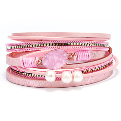 Pink PU Leather Multi-strand Bracelets, with Acrylic Pearl Beads, Wax Polyester Cords and Alloy Findings, Pink, 15 inch(38cm), 15mm