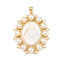 Virgin Овальные подвески из натуральной белой ракушки, с латунной оправой и искусственным жемчугом из АБС-пластика, реальный 18 k позолоченный, долговечный, без кадмия и без свинца, стойки покрытие, девственница, 35.5x29.5x6 мм, отверстие : 4.5x3.5 мм