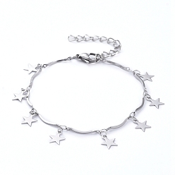 Stainless Steel Color Star 304 Stainless Steel Charm Bracelets, with Scalloped Bar Link Chains and Lobster Claw Clasps, Stainless Steel Color, 7-1/8 inch(18cm)