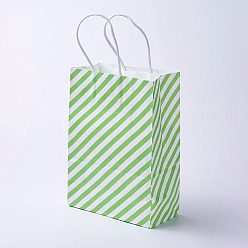 Green kraft Paper Bags, with Handles, Gift Bags, Shopping Bags, Rectangle, Diagonal Stripe Pattern, Green, 33x26x12cm