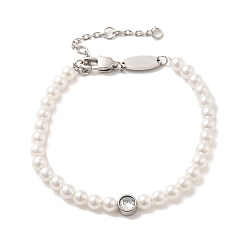 White ABS Imitation Pearl & Rhinestone Beaded Bracelet with 304 Stainless Steel Clasps, White, 6-1/4~7-1/8 inch(16~18cm)