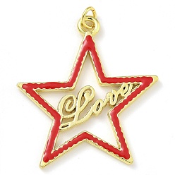 Красный Подвески из латуни с эмалью в стойку, с целью перехода в кольце, долговечный, без свинца и без кадмия, реальный 18 k позолоченный, звезда с узором слова «любовь», красные, 37.5x34x2 мм, отверстие : 4 мм
