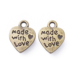 Antique Bronze Tibetan Style Alloy Pendants,  Heart with Word Made with Love, For Valentine's Day, Cadmium Free & Nickel Free & Lead Free, Antique Bronze, 12.5x10x2mm, Hole: 2mm, about 1380pcs/1000g